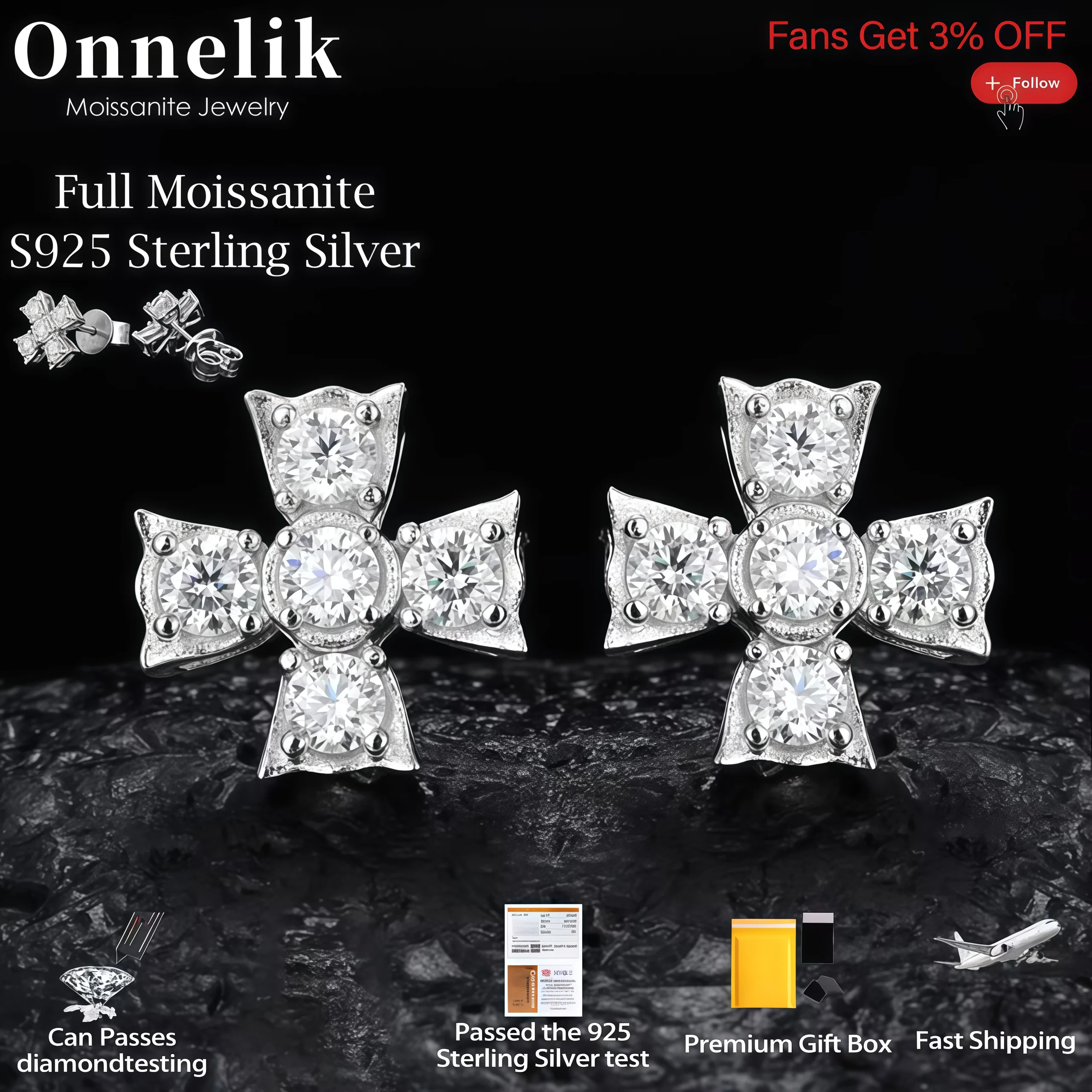 

Onnelik Full D Color VVS1 Moissanite Cross Earrings 925 Sterling Silver for Men Women Party Hip-hop Cool Trend Fine Jewelry