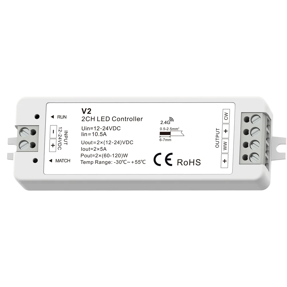 2CH CCT LED Controller 2.4GHz Remote Controller LED Light Strip Warm White Cool White LED Strip DC12V 24V 36V Max 576W