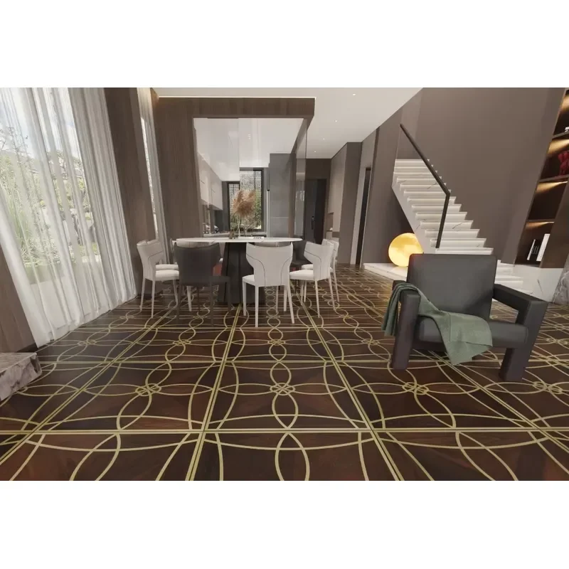 Modern Design Wood Flooring for Lobby Hall Click-Type Installation Parquet Wood with Mixed Oak Brass Stainless Steel Metal