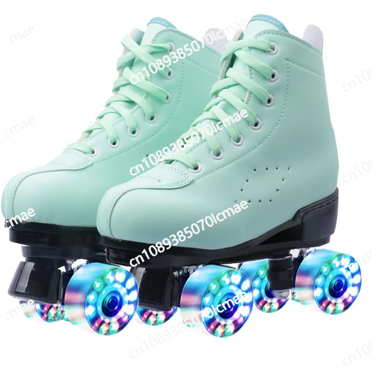 Leather Green Skateboard Four Wheel Roller Skating Pink Purple Blue Flash Wheel Double breasted Roller Skating