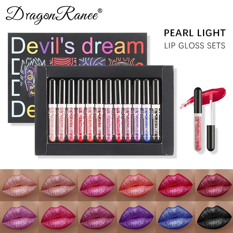 Conjunto impermeável glitter lip gloss para mulheres, batom hidratante, tinta labial duradoura, maquiagem de Halloween, cosméticos de diamante, presentes