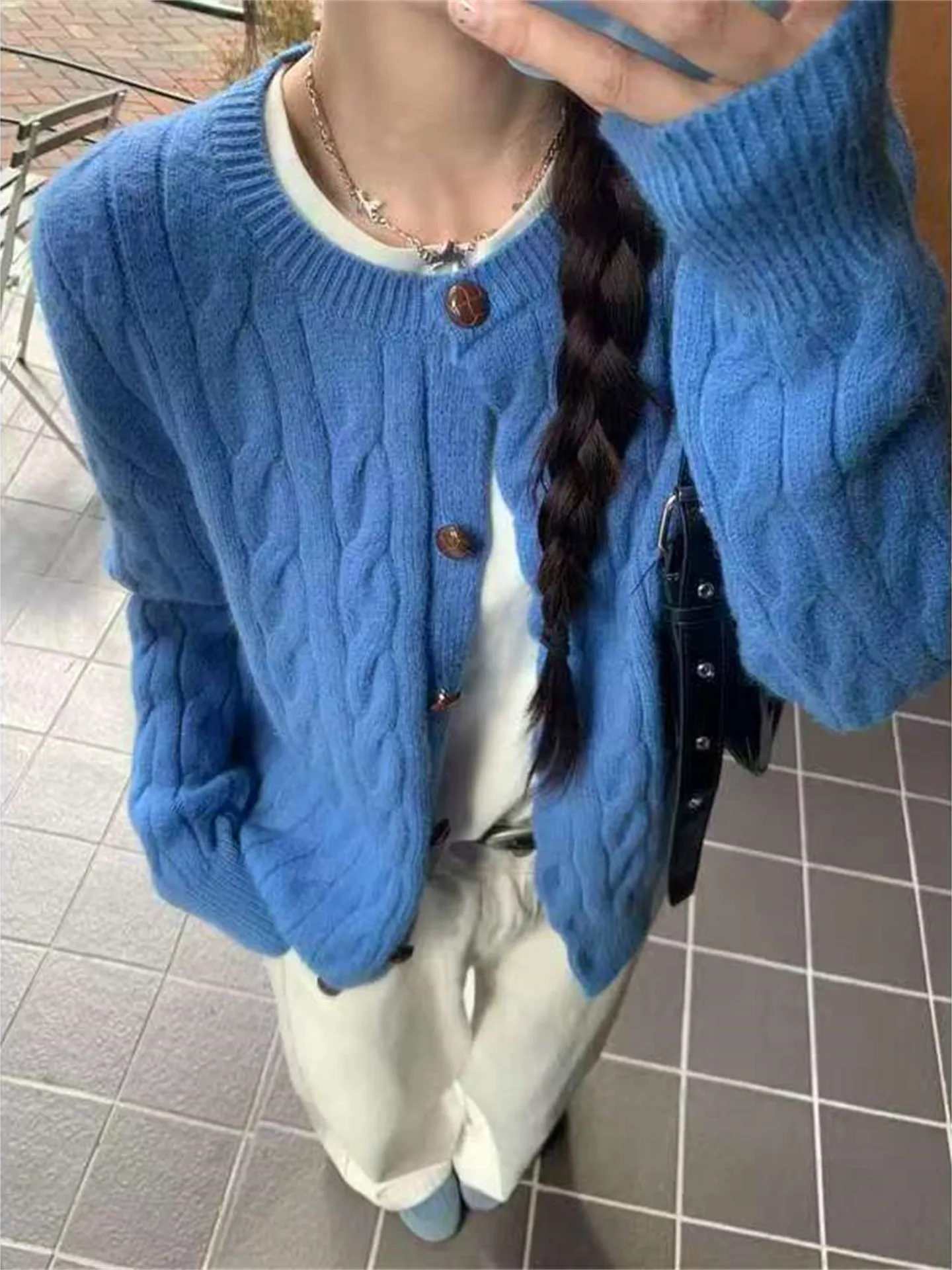 

Синий вязаный кардиган Ele для женщин: осенне-зимняя верхняя одежда, мягкий, нежный, модный топ с высокой талией, в корейском стиле, для повседневной носки