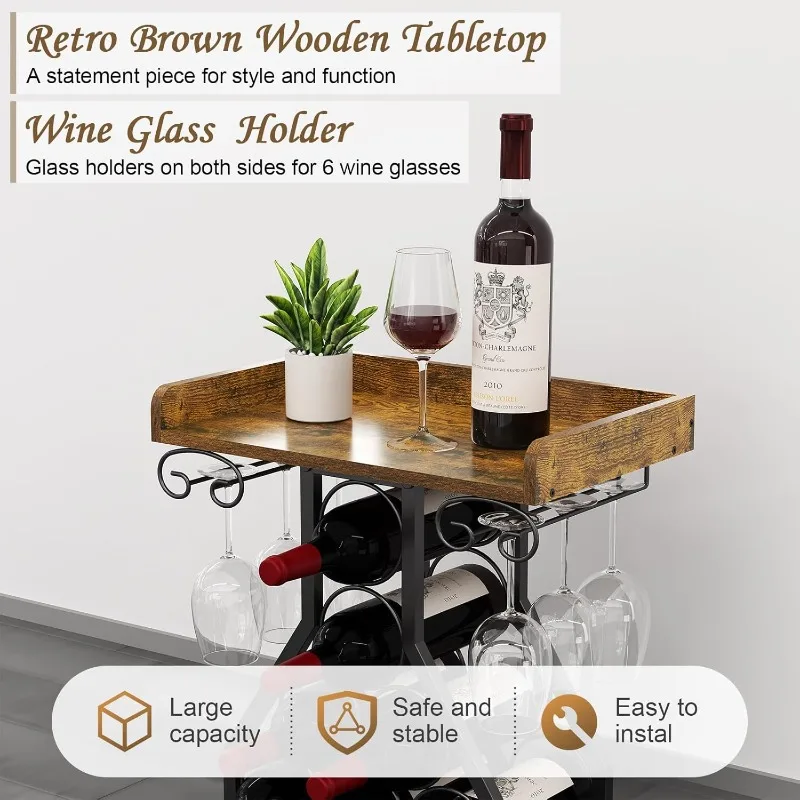 Wine Rack Freestanding Floor, Wine Storage Rack Mini Bar Table with Tabletop, Glass Holder Wine Bottle Display Stand L
