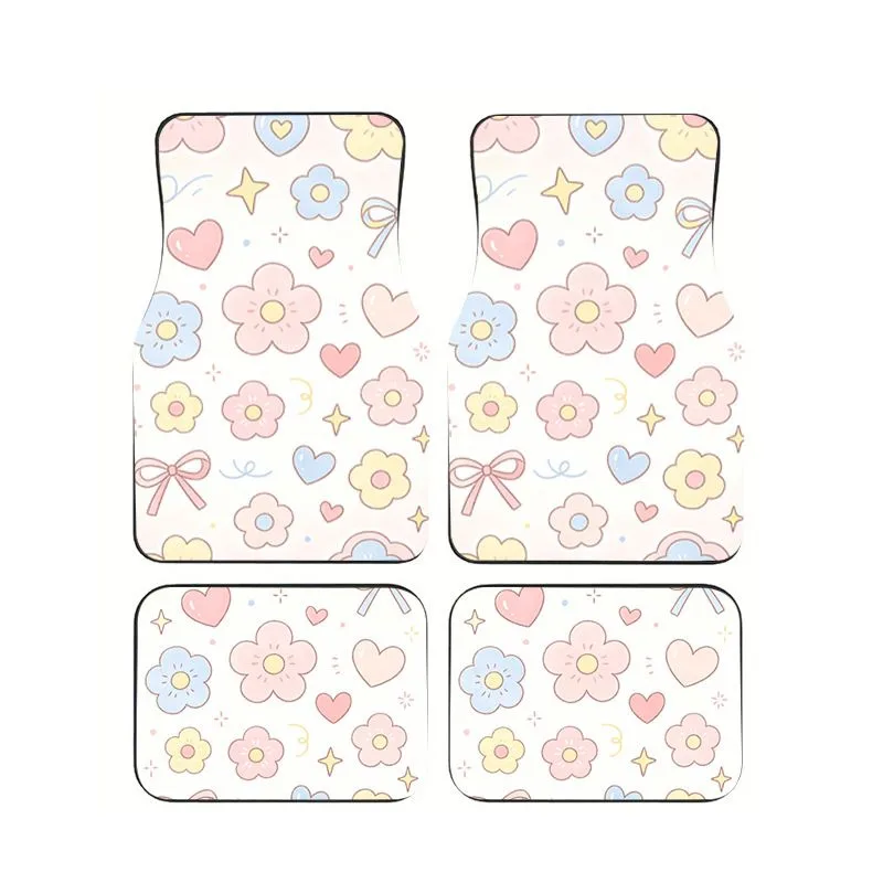 

Pastel Floral Heart Print Car Floor Mats 4pcs Cute Non-slip Foot Pads for Women Girly Car Interior