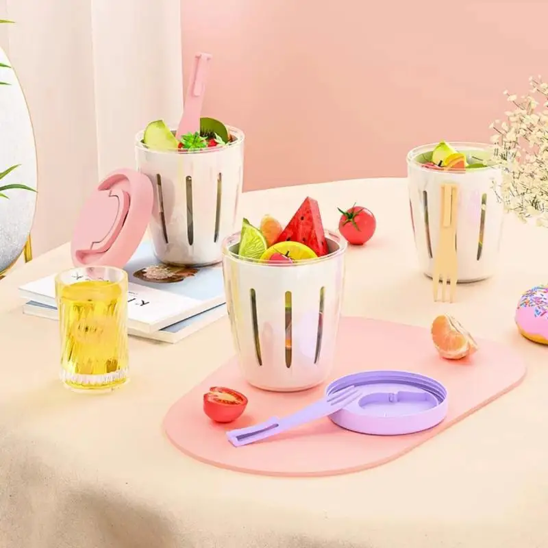 Cylindrical Salad Container—Plastic Fruit Cup With Fork And Drainage Holes, Multi-Purpose Portable Vegetable Lunch Box