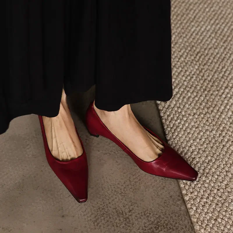 PYUXD Genuine Cowhide Leather Pumps Women Retro Pointed Toe Low Chunky Heel Shoes Hand-Brushed Color Shallow Slip-on Dress Shoes