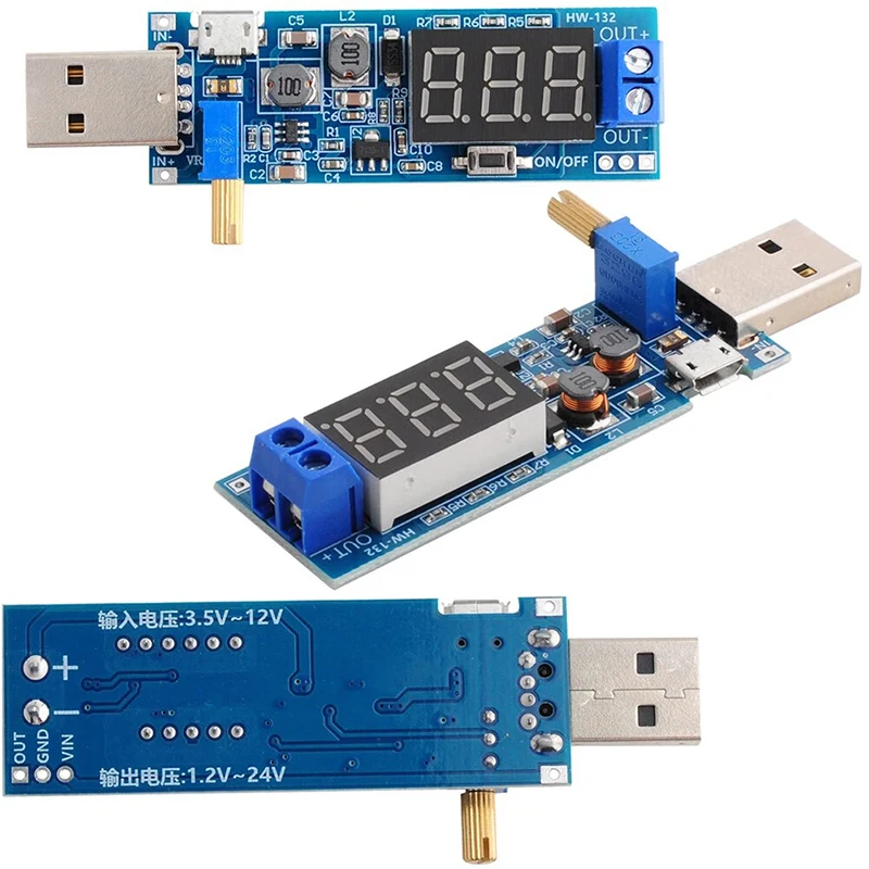 USB DC Boost Buck Converter USB Step UP/Down Power Supply USB DC Boost Module DC-DC 5V to 3.3V/12V Adjustable Output DC1.2V-24V
