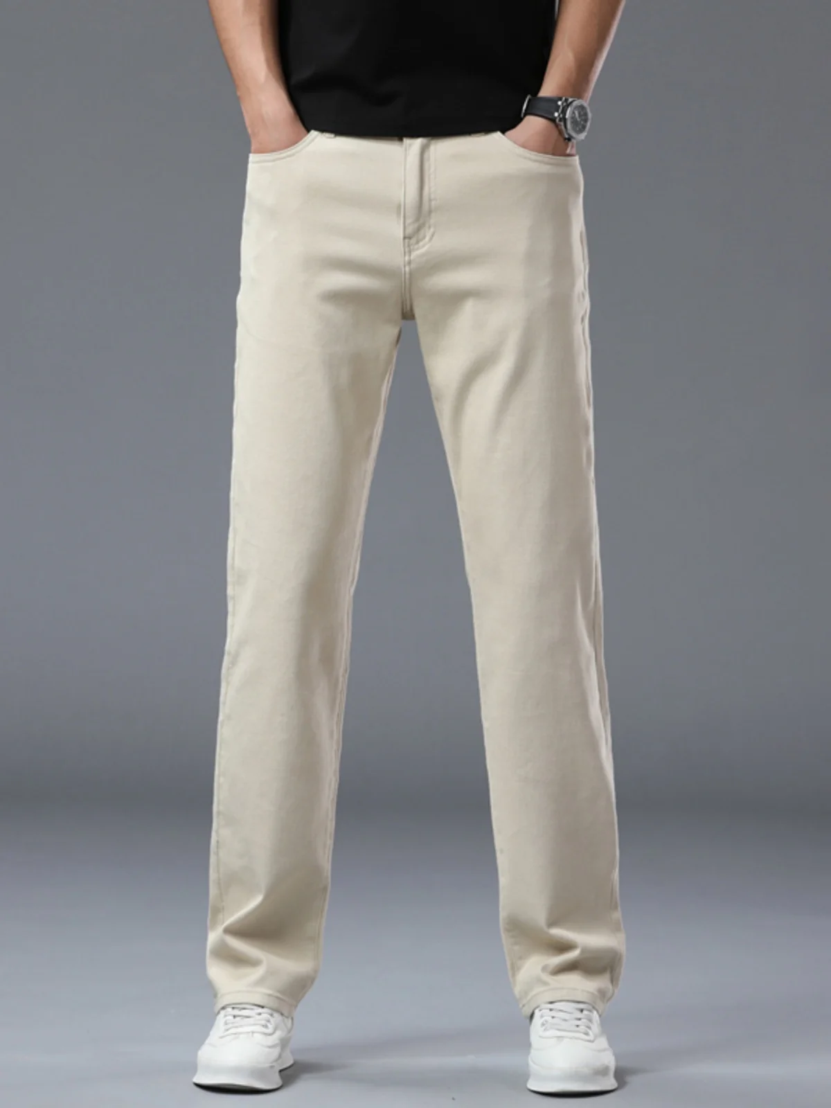 

High-End Comfortable Pure Cotton Men's Jeans Loose Straight Leg Thin Summer Casual Elastic Jeans mid Waist Five kets