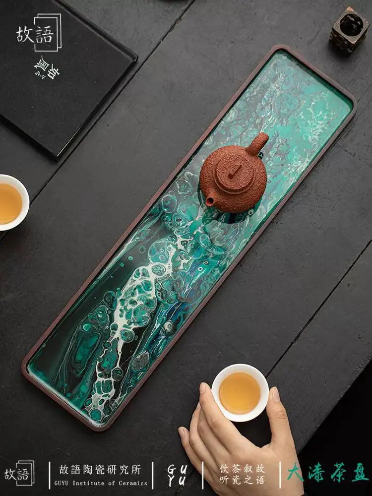 Chinese Style Retro Lacquer Craft Hand-Painted Resin Dry Bubble Solid Wood Table Antique Small Tea Tray