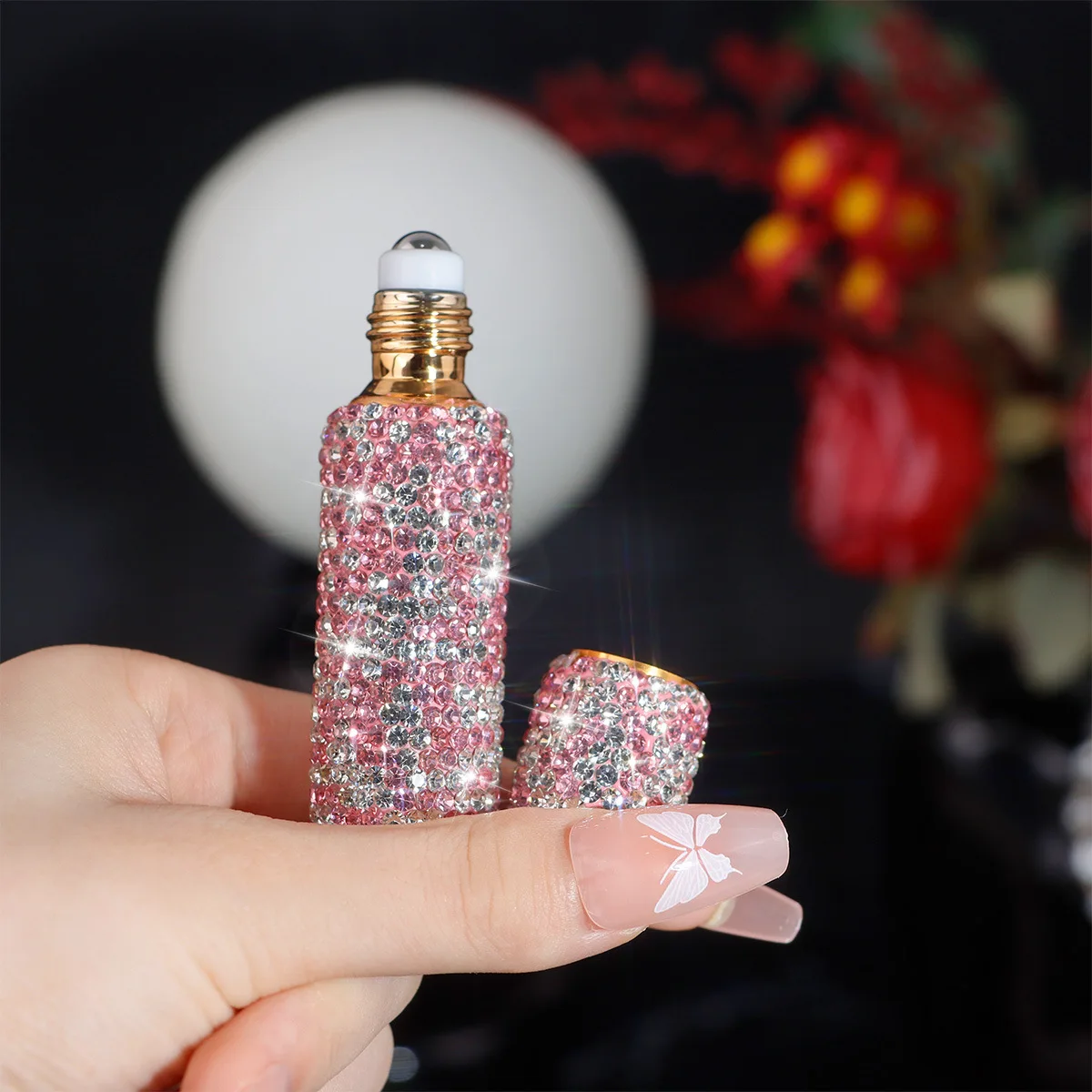 Pink Crystal Rhinestone Roller Essential Oil Bottle 10ml Portable Refillable Perfume Bottle Roll on Vial