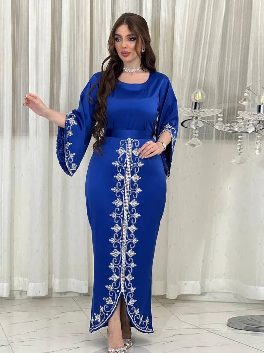 Eid Muslim Jalabiya Dress for Women Satin Abaya Morocco Party Dresses Woman Ramadan Diamond Kaftan Robe Longue Vestidos Largos