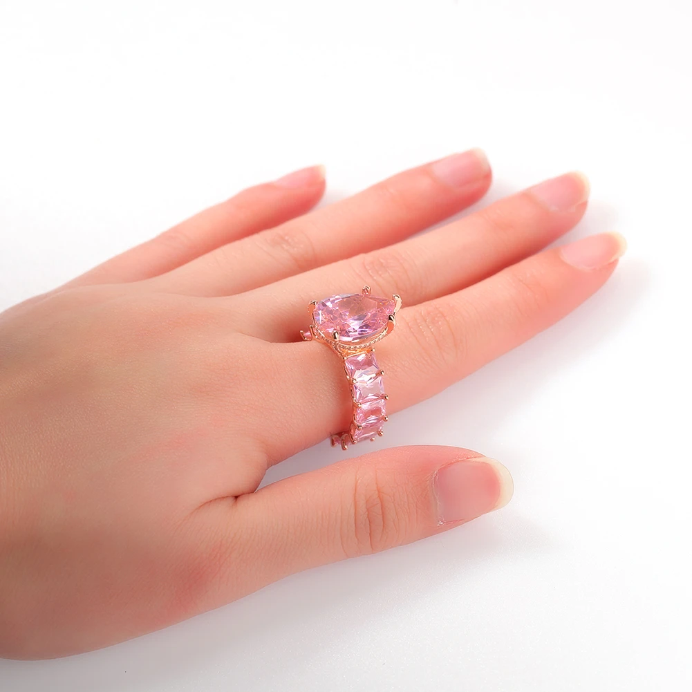 Uwin Big Water Drop Ring Baguetter CZ Pink Full Iced Out Ring Crystal Cubic Zirconia Luxury Women Accessories Jewelry