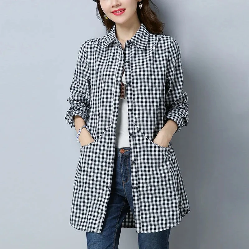 2024 New Cotton Plaid Shirt Women\'s Shirt Tops Long-Sleeved Korean Loose Casual Summer Autumn Thin Blouse Female