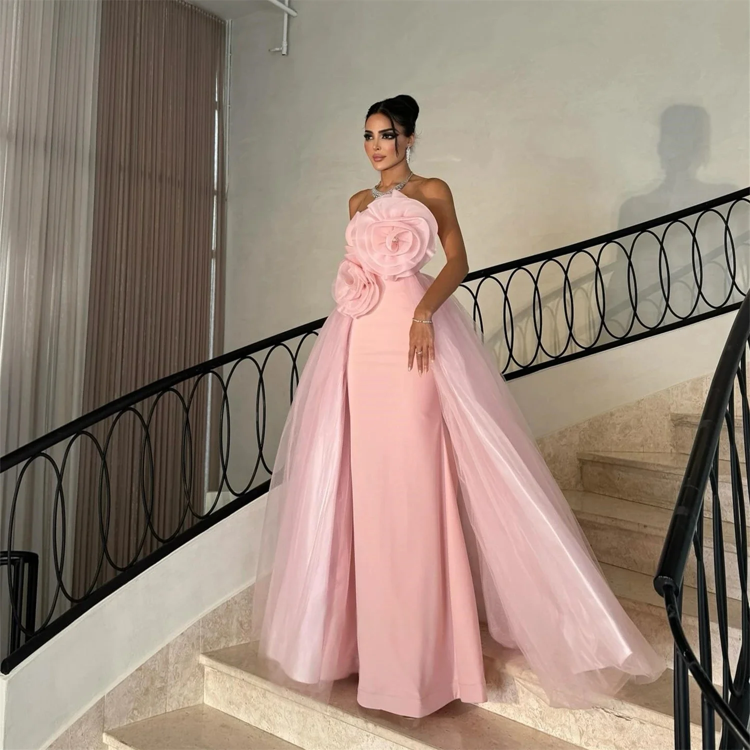 

Pink Floral Strapless Long Bespoke Occasion Gown Evening Dresses Prom Pastrol Unisex Jersey Retro Dubai Saudi Arabic Customized