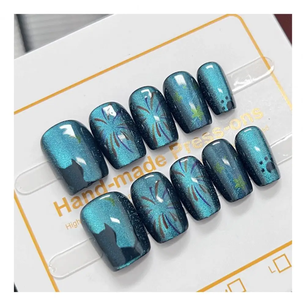 30pcs handgemachte einfache blaue Presse auf Nägeln kurze Cateye Design wieder verwendbare selbst klebende künstliche Nägel runder Kopf volle Abdeckung Nagels pitzen manisch