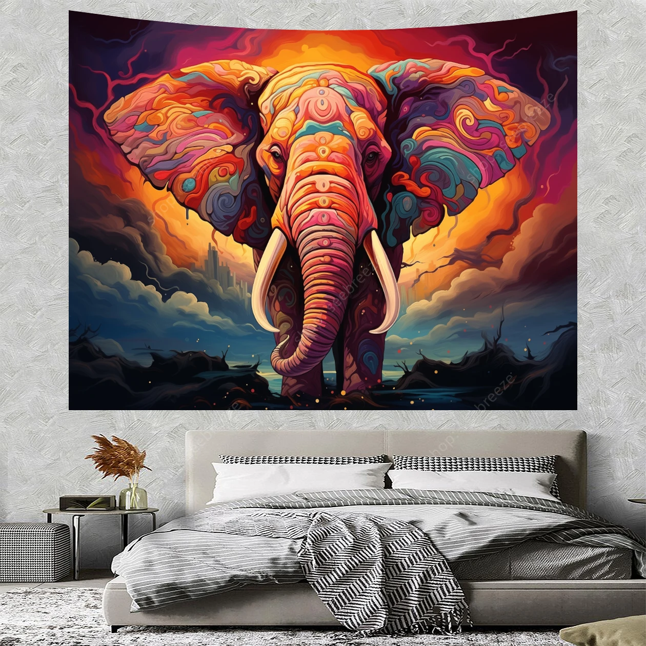 Trippy Elephant Tapestry Boho Watercolor Elephant Wall Tapestry Aesthetic Colorful Cloud Poster Spiritual Meditation Tapestries