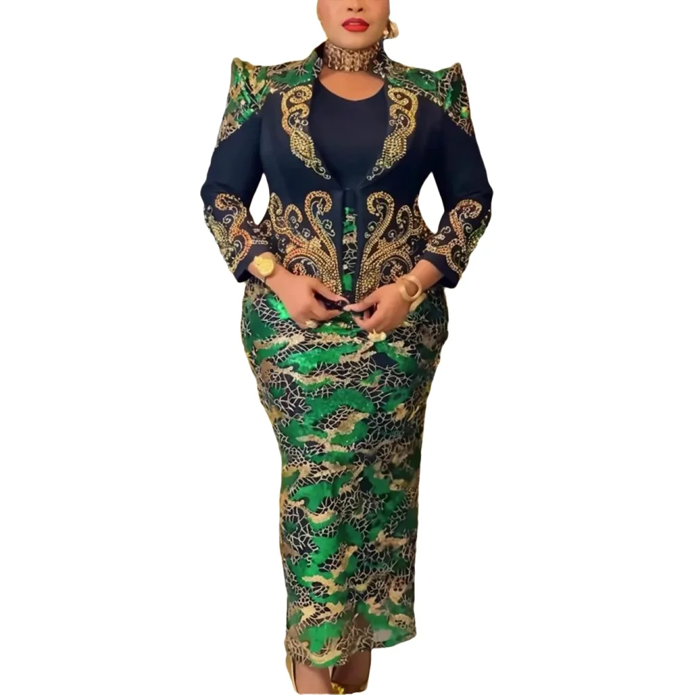 2-teiliges Set Afrikanische Kleidung für Damen Dashiki Pailletten-Abendkleid Übergröße Türkische Hochzeitsfeier Lange Kleider mit Mantel 2026 Neu