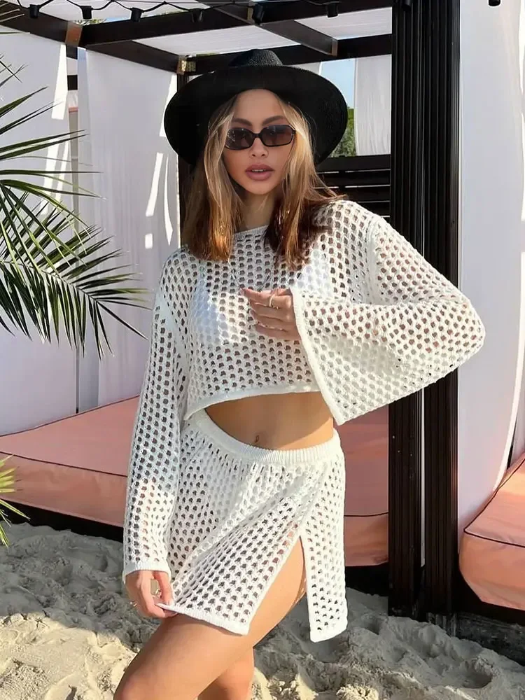 White Crochet Tops＆Skirts Set Sexy Hollow Out Flare Sleeve Side Split Skirt 2-Piece Bathing Suit Beach Sunscreen Outfits S120