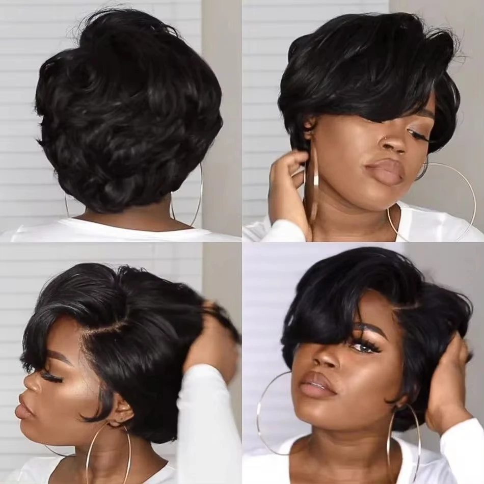 Short Pixie Cut Remy Human Hair Wigs Straight Natural Color 13x4 Full Lace Frontal Wigs 180% Short Pixie Cut Bob Wigs For Women