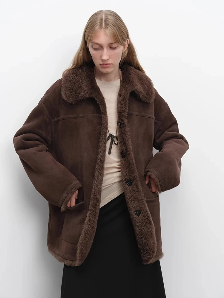 High-end Luxury Merino Sheep Fur Winter Suede Jackets Women Simple Double-sided Wear Design Genuine Leather Real Lamb Fur Coat