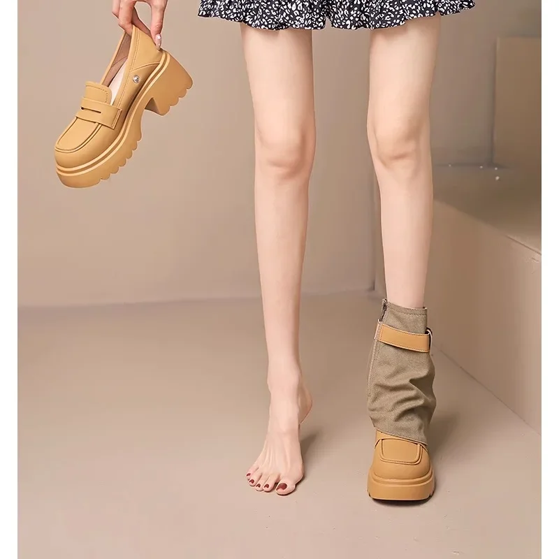 

Women's Fashion Boots Removable Two Wear Belt Buckle Square Heel Round Toe Stacked Boots Retro Comfortable Hundred Short Boots
