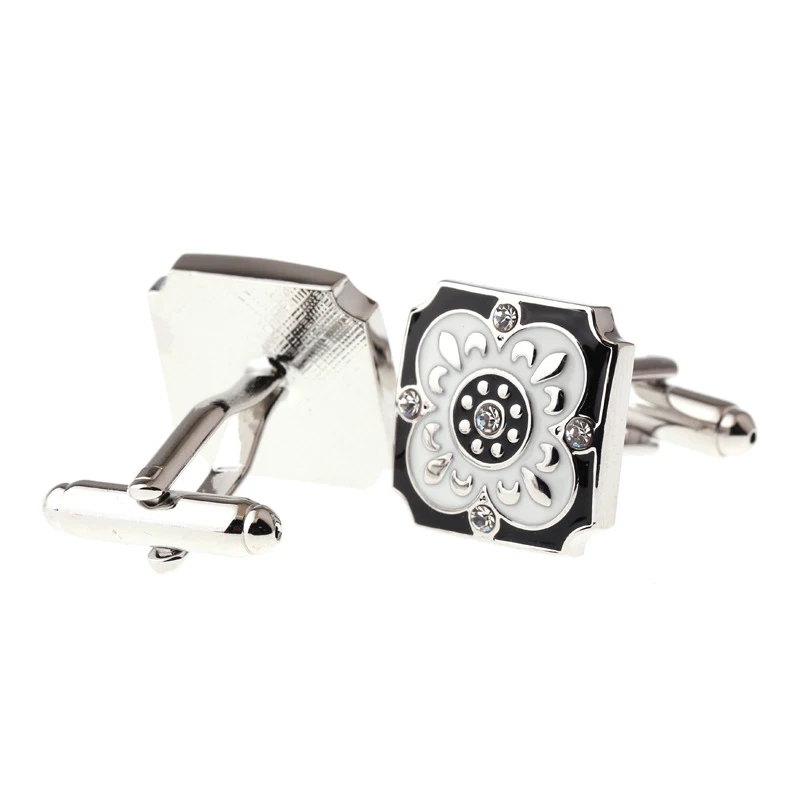 European and American New Fashion Enamel Square Flowers Titanium Steel Micro-Inlaid AAA Zircon Luxury Retro Shirt Cuff Links.