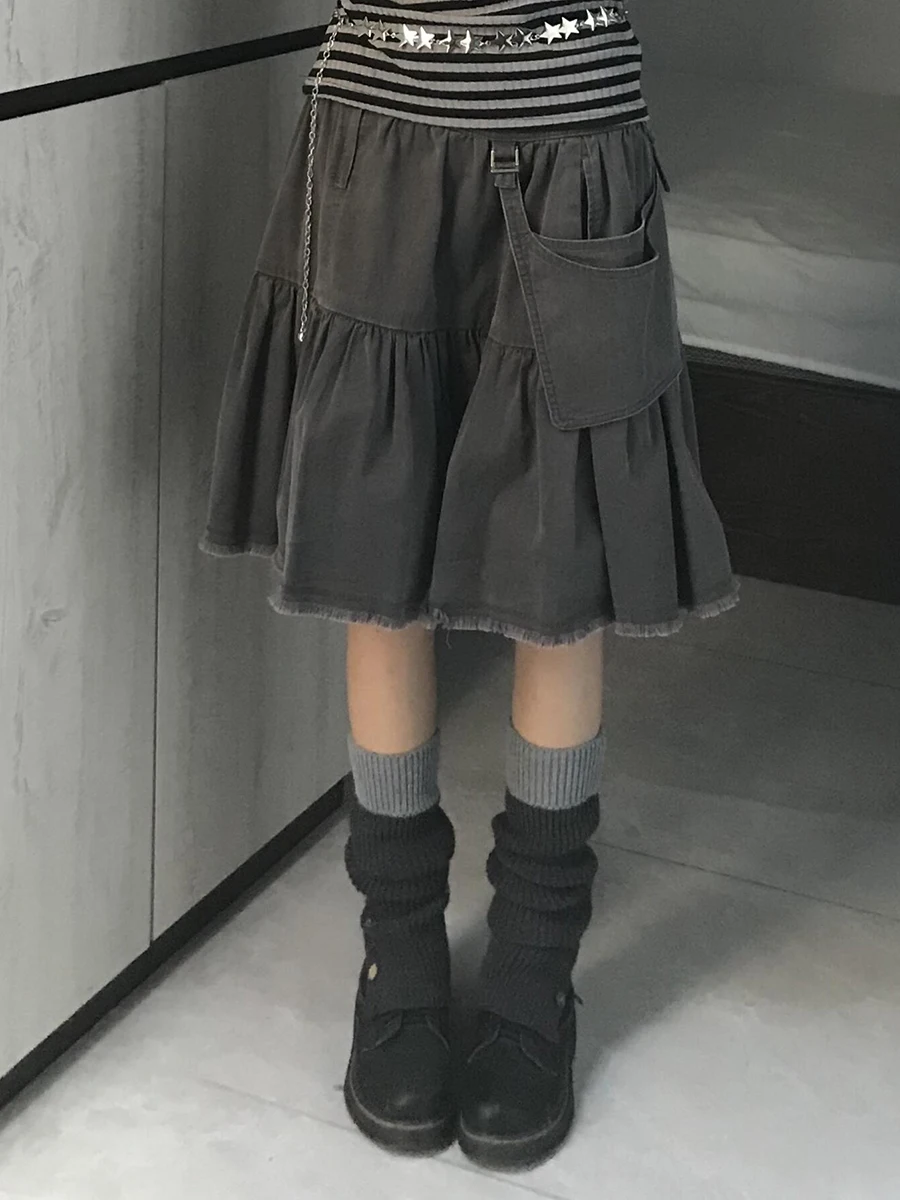 ReddaChic Women Cargo Skirt with Removable Pocket Retro Splice Do Old Ruffle Knee Long Raw Edge Denim Skirt Harajuku Streetwear
