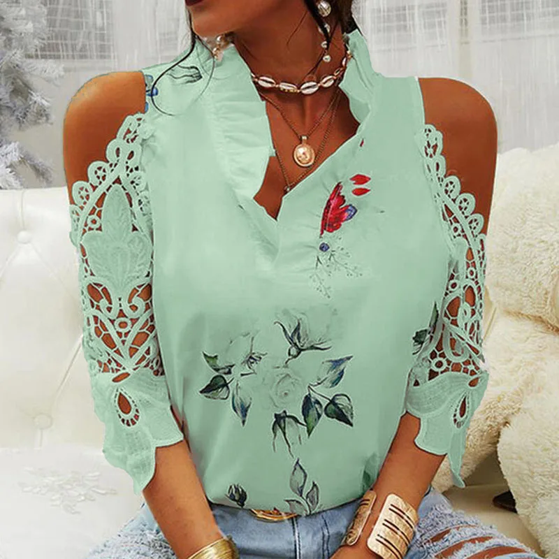 Sexy Hollow Out Printed Women Blouses V-Neck Elegant Short Sleeve Lace Shirts Summer Female Strapless Blouse Casual Tops 19361