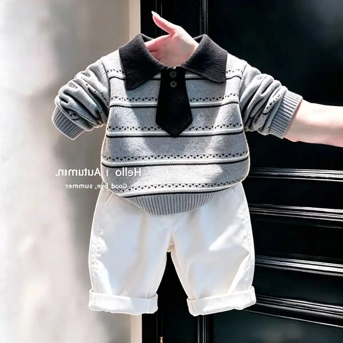 Boys Knit Polo Sweater Pants Set 2026 New Spring Autumn Children College Style Long Sleeve Top Trousers 2 Piece Suit 3