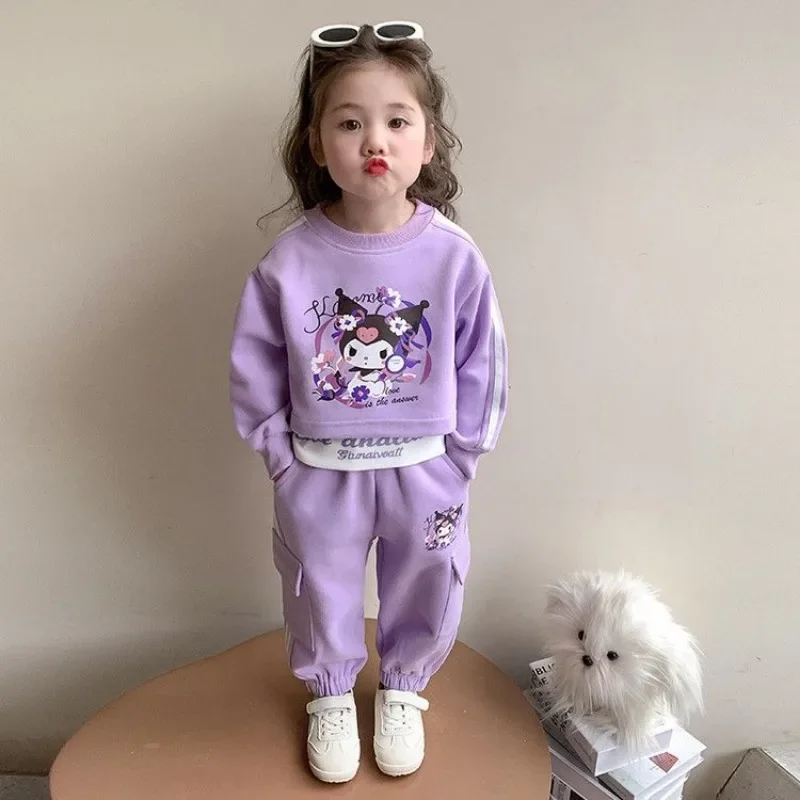 

Sweet Kuromi Anime Kawaii MINISO Ins Fashion Long Sleeve Jacket Pants Set Cute Children Three-piece Set Casual Clothes Gifts