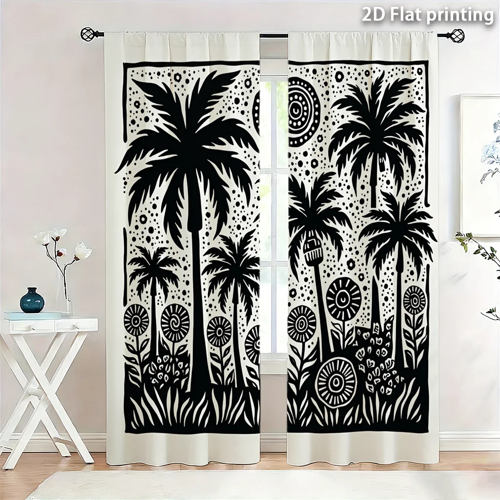 Boho Tropical Palm Leaf Curtain Black and White Jungle Print Window Drapes Foliage Pattern Home Decoration Curtain for Living Ro