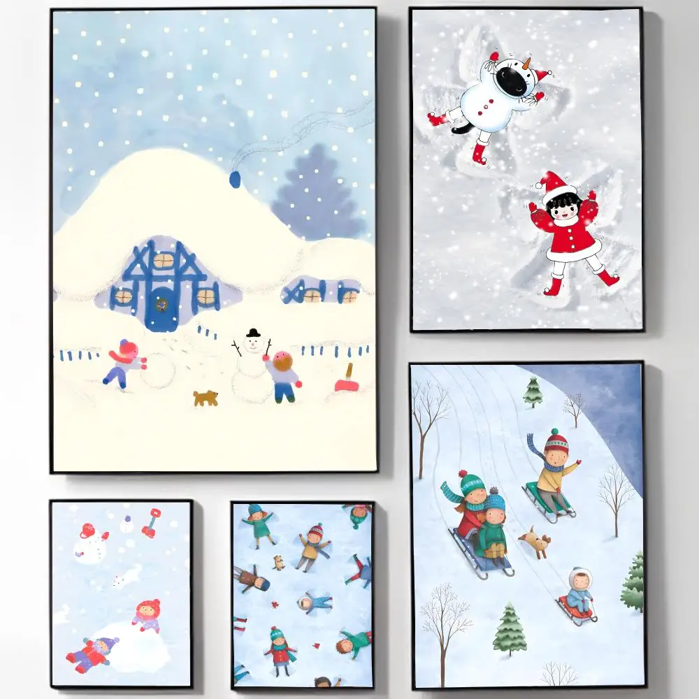 Innocent Joyful C-Children Playing In The Snow Poster Self-adhesive Art Waterproof Sticker Coffee House Dorm Room Wall Decor