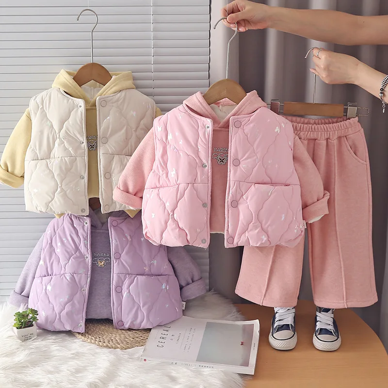 Girls Warm Clothes Sets Winter Children Down Vest Thick Velvet Sweatshirts Pants 3pcs Casual Suit For Baby Hoodies Tracksuit Kid
