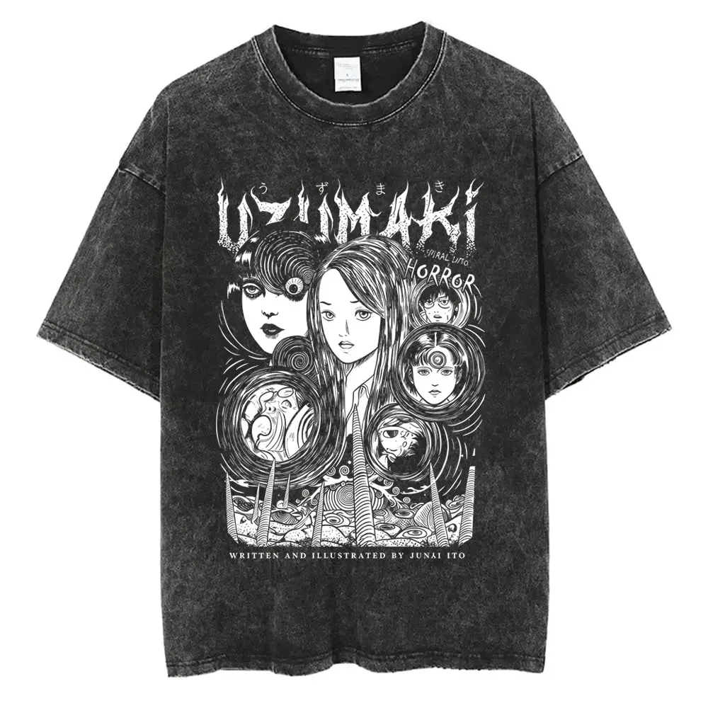 Horror Anime Junji Ito Uzumaki Vintage Washed T-shirt Men Women Retro Manga T Shirts Unisex Casual Cotton Short Sleeve T-shirts
