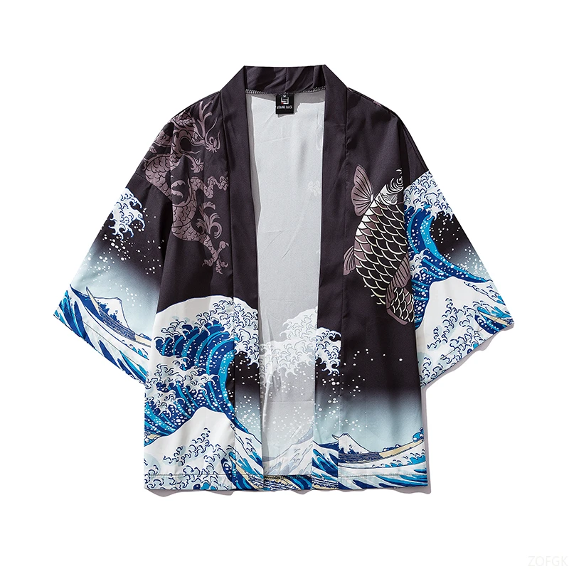 Retro Kanagawa Wave Carp Print Traditional Haori Role Playing Kimono Women Men Harajuku Japanese Fashion Cardigan