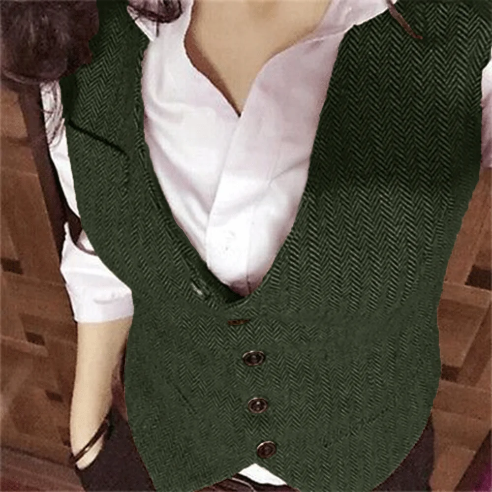 V Neck Collarless Classic Women\'s Vest 2024 Comfortable Women Knit Vests Female Waistcoat 2024 Herringbone Tweed Casual Jackets