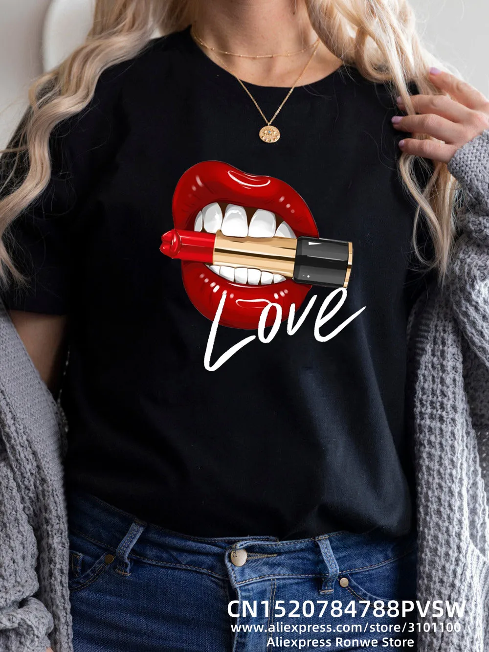 Women Red Lips Lipstick Love Print T-shirt Girl Y2K Short Sleeve Tees Tops 90S Sweetshirts Female Harajuku Clothing