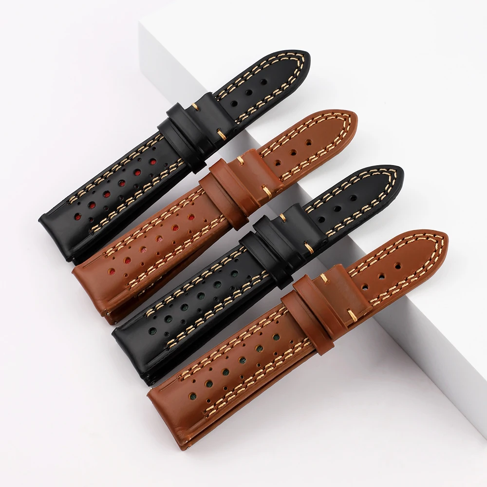 Handmade Watchbands Genuine Leather Watch Strap 22mm Brown Black Watch Band Soft Thick line Breathable Porous Strap Wristbelt