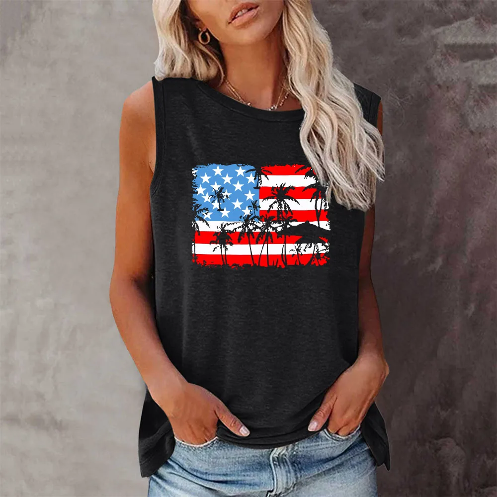 

Seeyoushy Coconut Tree American Flag 2023 New Summer Five Women's Sleeveless T-shirt O Collar Harajuku Fashion T-shirt Camisetas