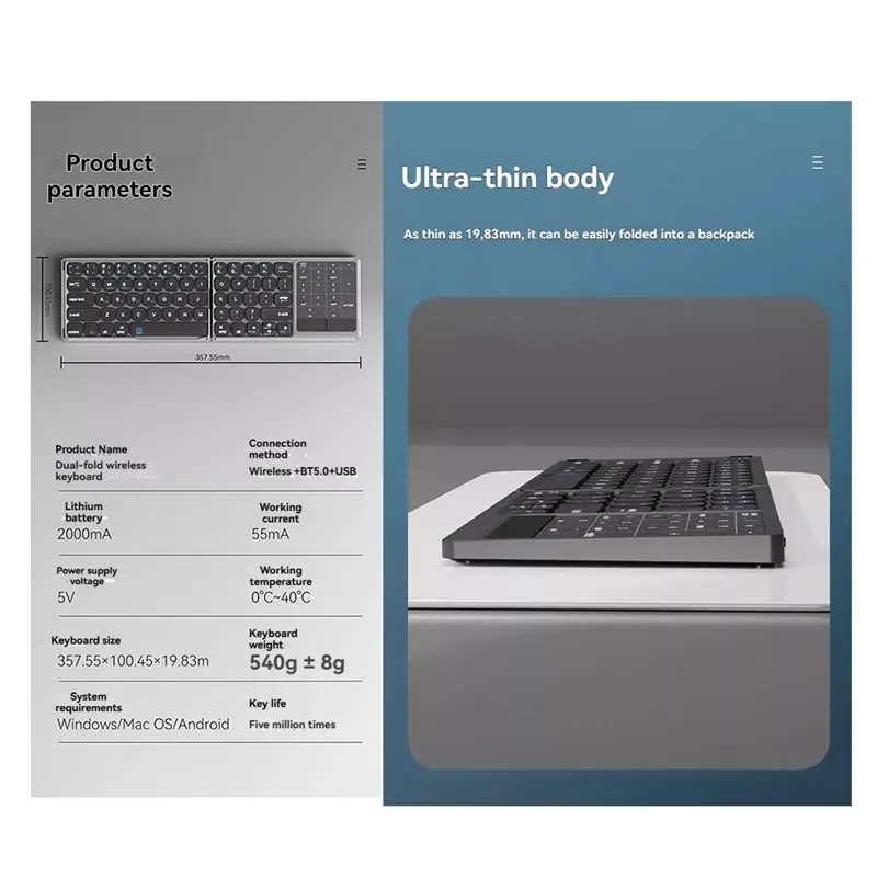 【Price Drop !!】Folding Wireless Mini Keyboard Foldable Bluetooth Keyboard Cross-Platform Touchpad Multi-Device Compatibility Por