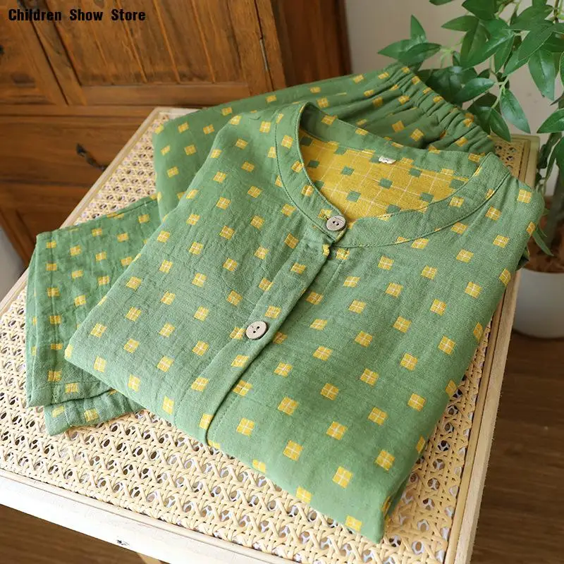 Green Dot Pajamas Suit Cotton Sleepwear Women Long Sleeve Pajamas 2Pcs Loungewear Autumn and Winter New Home Clothing Nightwear 4