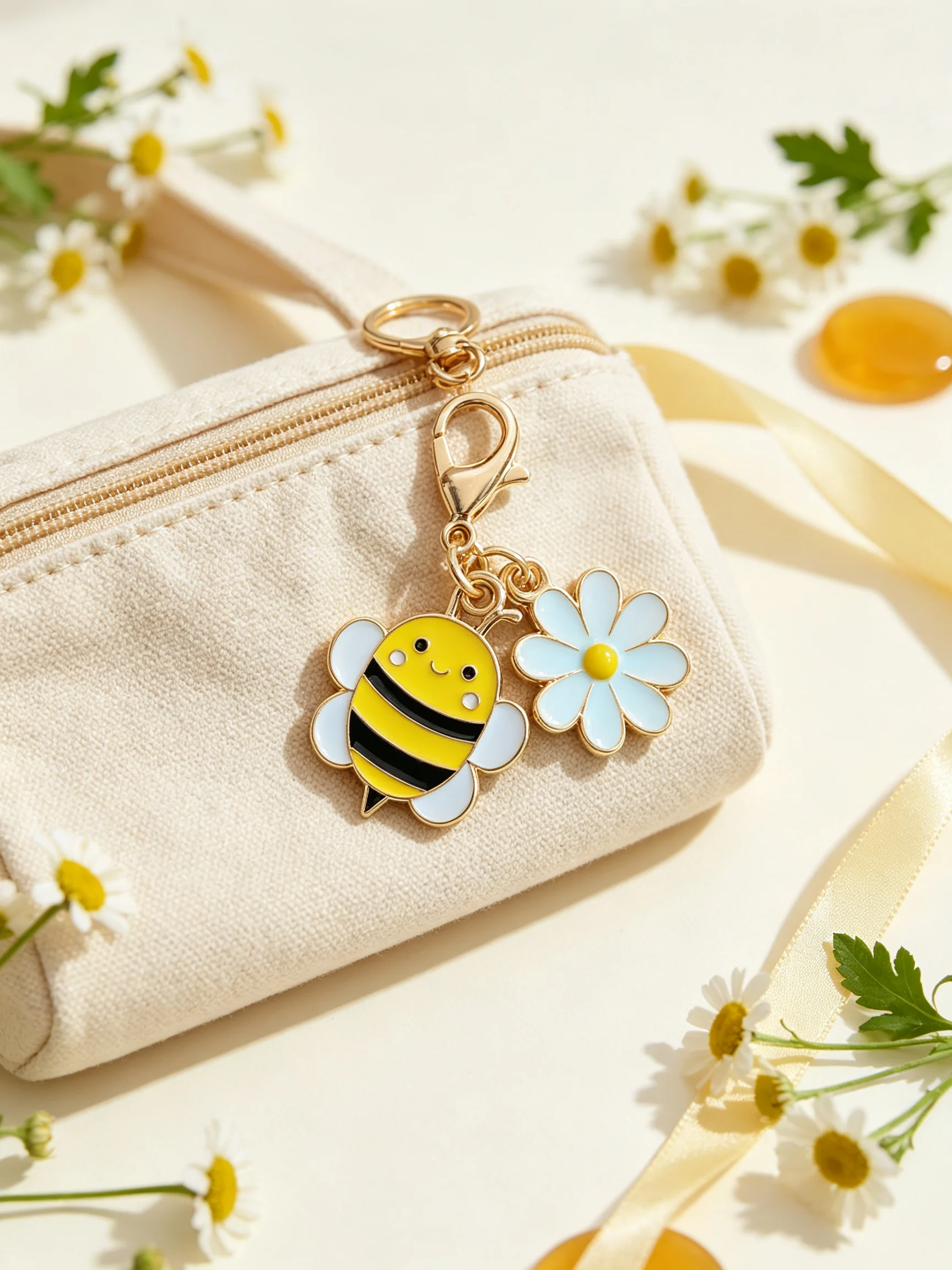 1/10 Stück Niedlicher Bienen-Gänseblümchen-Emaille-Schlüsselanhänger mit Karabinerverschluss, Taschenanhänger, Cartoon-Blumen-Schlüsselring, Rucksack-Accessoire, Weihnachtsgeschenk – Detail 1