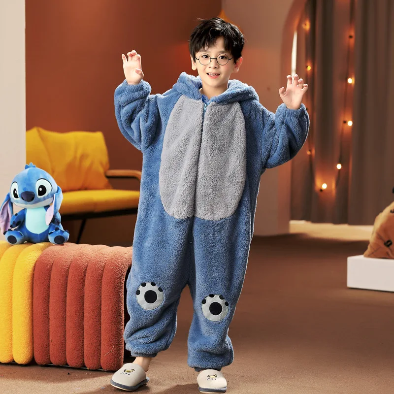 Disney Stitch Winter Family Pajamas Set Long Sleeve Hooded Christmas Warm Sleepwear Flannel Pijamas Mother Dad Kids Home Clothes