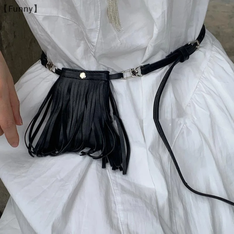 〔Funny〕Tassel Waist Belt Adjustable PU Waist Pack Metal Buckle Wallet Phone Pouch Ladies Decorative Belts