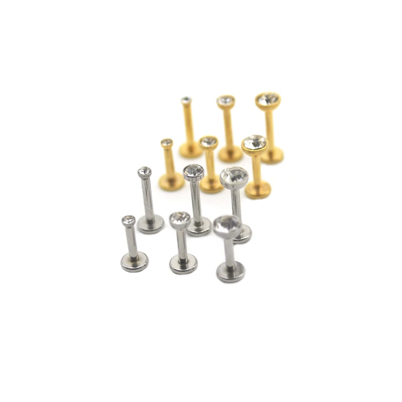 60pcs Crystal Monroe Lip Piercing Labret Studs Tragus Cartilage Earrings Helix Bar Internally Threaded Gold Color 3mm 4mm