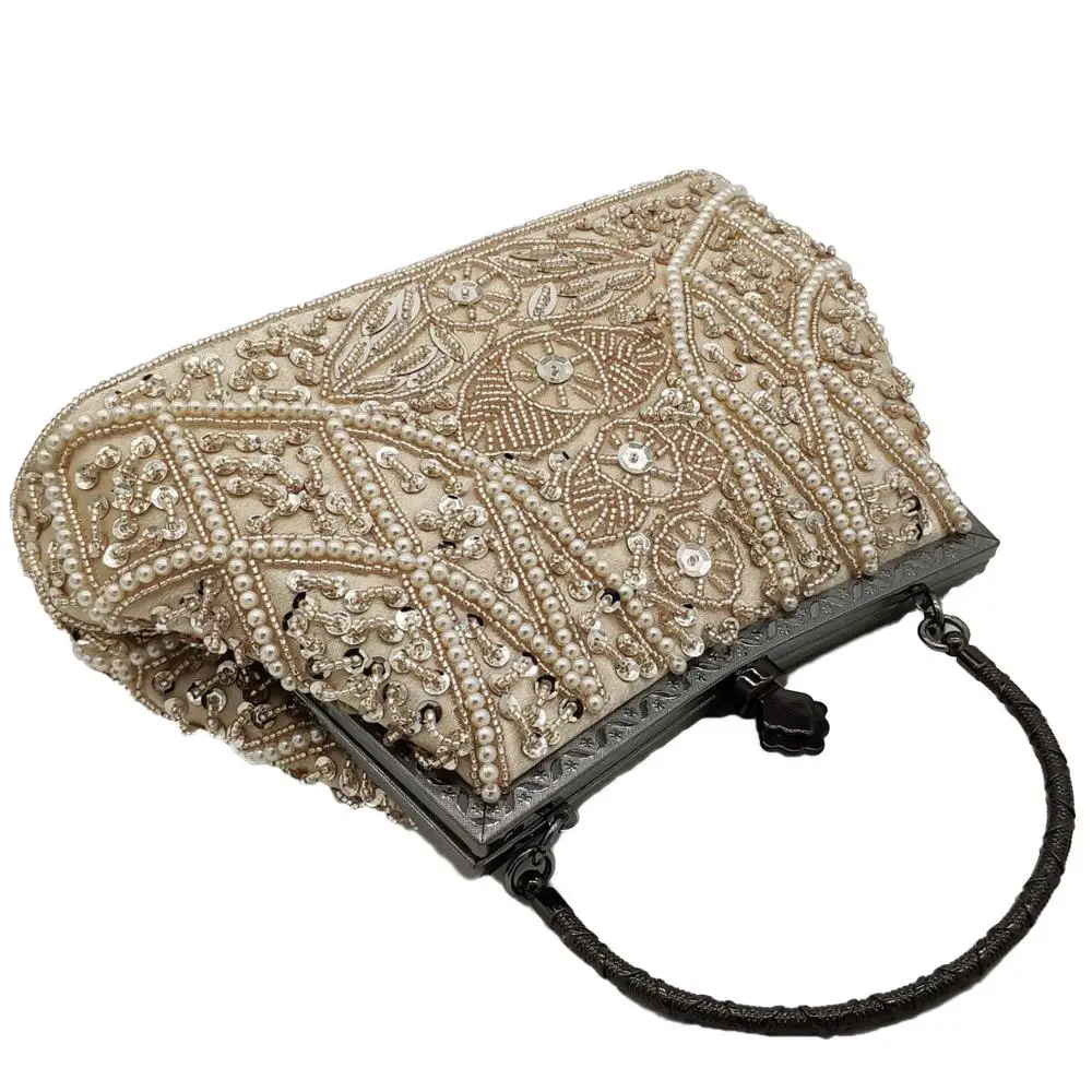 Boutique De FGG Vintage Women Champagne Beaded Evening Purses Wedding Handbags Ladies Cocktail Party Beading Clutch Bags