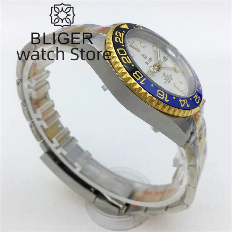 BLIGER 40mm NH34 GMT Caja giratoria dorada de dos tonos para hombre Pulsera de acero inoxidable Bisel de cerámica de cristal de zafiro Esfera luminosa blanca