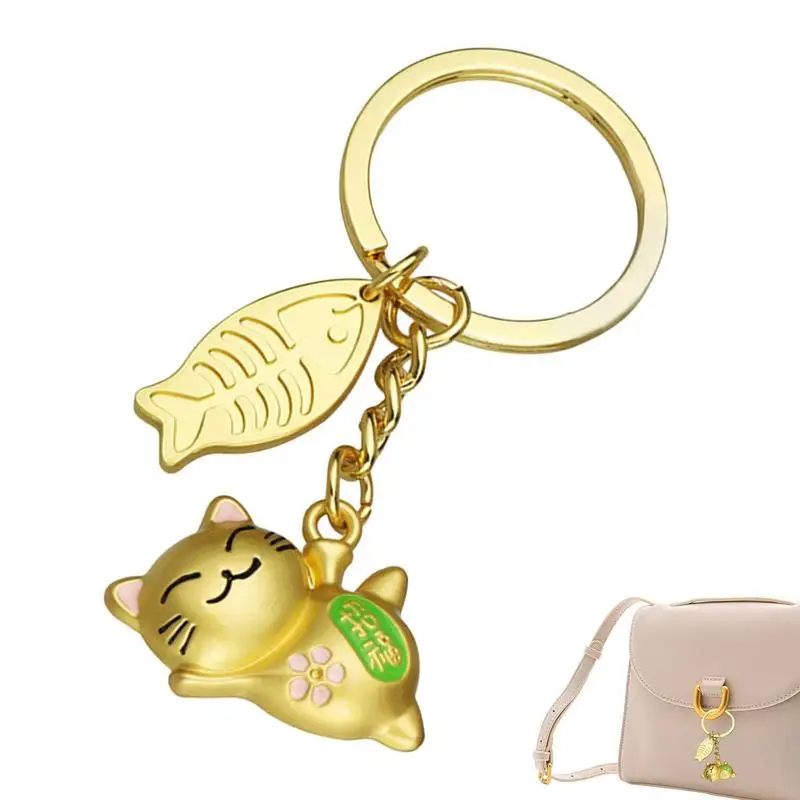 Gold Anime Cat Keychain Chinese Lucky Cat Key Chain Goodie Bags Gift Purse Charm Car Rearview Mirror Ornament Metal for Friends