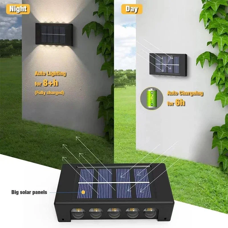 1~4Pcs Solar Wall Lights Outdoor 16LED Waterproof Lamp Up And Down Convex Lens Lighting For Garden Landscape Balcony Decoration