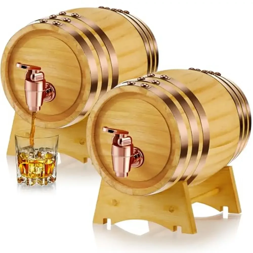 

2 Pack Vintage Wooden Whiskey Beer Tequila Rum Dispenser Wine Barrel Stand 2L Capacity Home Bar Party Storage Aging Barrel Solid
